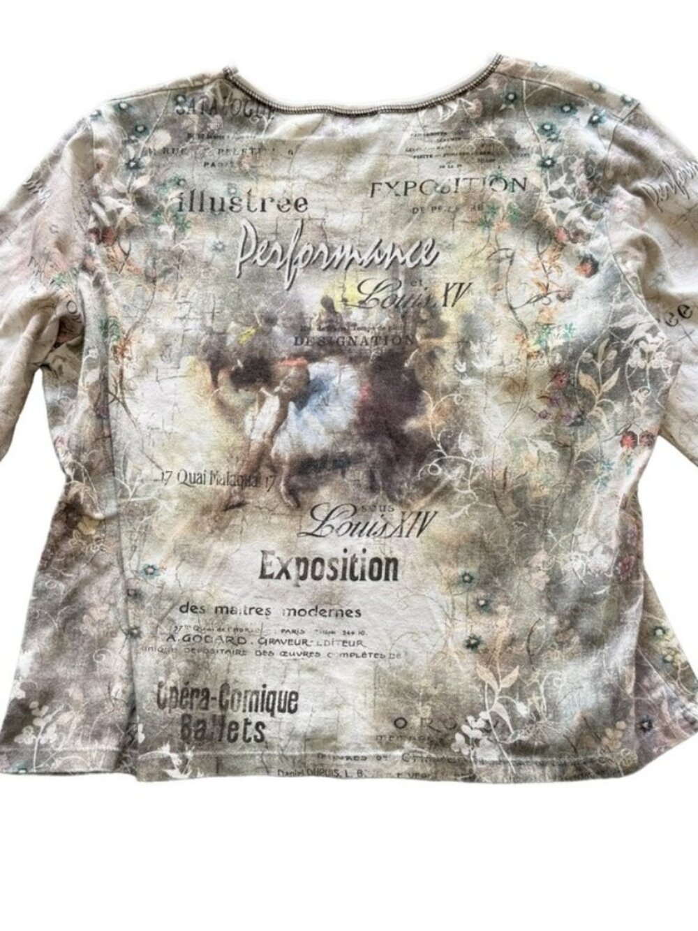 Cactus Women XL 3/4 Sleeve Graphic Top French Ballet Script Rhinestone Beige